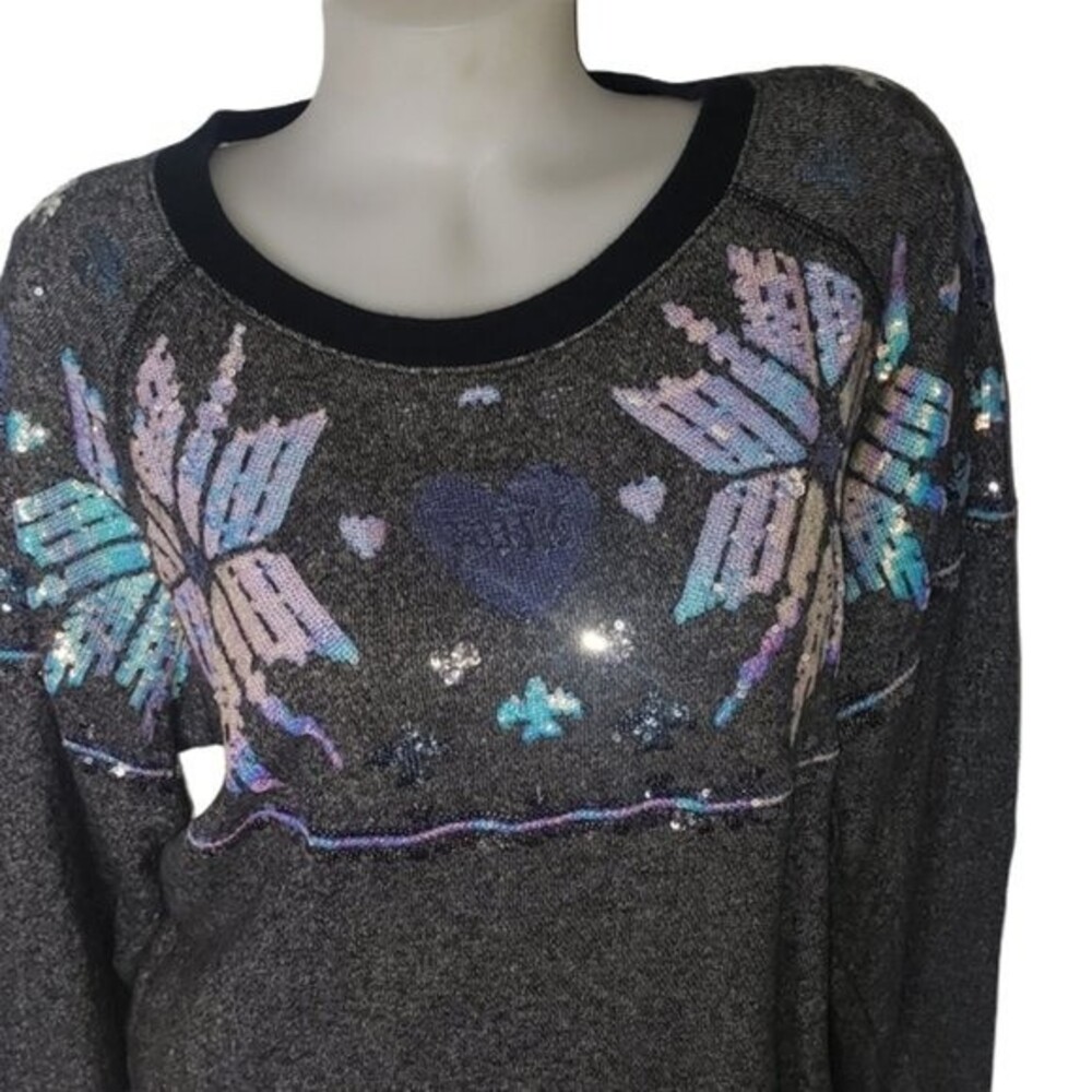 VICTORIA'S SECRET PINK GRAY SWEATSHIRT IRIDESCENT PINK/BLUE SNOWFLAKES SMALL